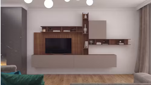 Mobilier Living Giorno M11C, ansamblu modern pentru TV si biblioteca, in finisaj Noce Java + Fango.