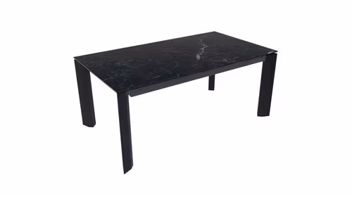 Masa extensibila Delta Calacatta Black Marble 180(240)x100, cu picioare metalice oblice si blat ceramic pe suport din sticla.