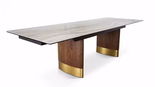 Masa extensibila Diagonal cu top din ceramica KL-359, structura Walnut Veneer si detalii Titanium Bronze, pentru dining modern.