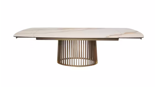 Masa extensibila Rondo Ceramica Golden Calacatta cu blat ceramic si structura metalica bronz.