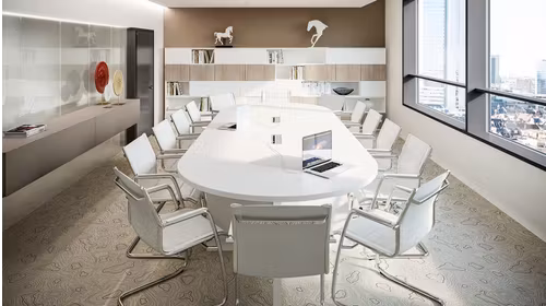 Masa consiliu OF54 in finisaj Bianco Nobilitato, design modern pentru sali de sedinte si birouri executive.