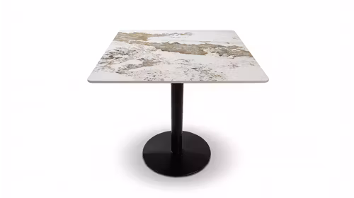 Masa Tomis Square cu top din piatra sinterizata White Pattern si structura metalica Black, cu design modern si compact.