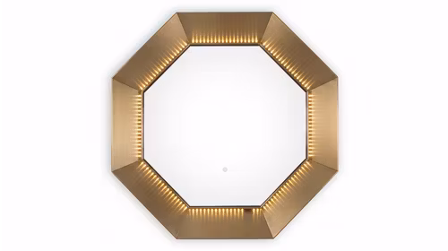Oglinda cu LED Marina Brushed Steel/Gold 100x100 cm, cu structura din otel inoxidabil in finisaj Brushed Titanium Gold si design geometric modern.