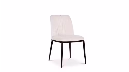 Scaun de dining modern Nebraska Alisa Abalone, tapițerie textilă albă cu pliuri decorative pe spătar curbat și picioare metalice negre subțiri.