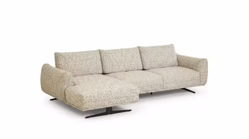 Canapea cu sezlong Stella, varianta dreapta, tapitata in material textil beige, cu spatar reglabil si picioare metalice negre.