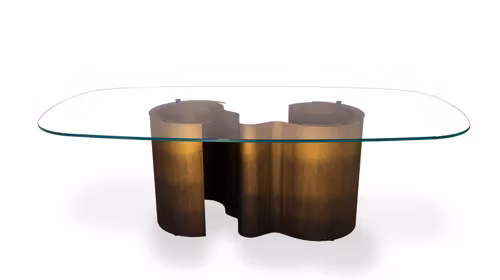 Masa Papel Glass 240x120 cm cu blat din sticla extra-clara si structura metalica finisaj Oxybrass.