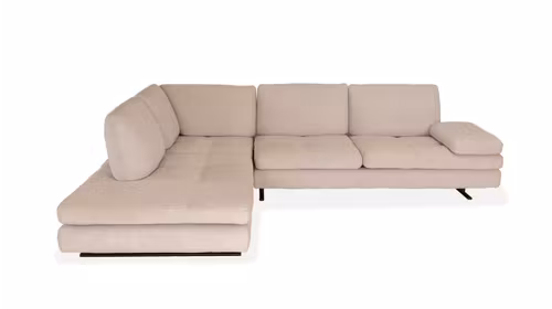 Canapea de colt Luna, finisaj textil Alce Beige, cu divan stanga si picioare metalice bronz, design modern si elegant.