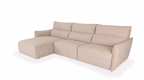 Canapea cu sezlong Stupore tapitata in material textil Atena Cream, model stanga, design modern si elegant pentru living.