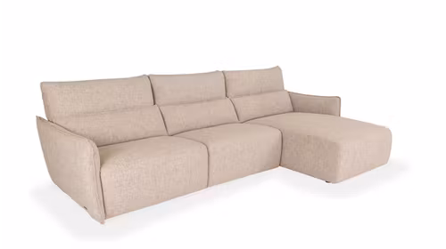Canapea cu sezlong Stupore tapitata in material textil Atena Cream, model stanga, design modern si elegant pentru living.