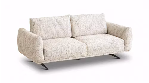 Canapea liniara Stella cu 2 locuri, tapitata in material textil beige, cu brate rotunjite si picioare metalice negre.