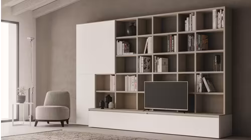 Biblioteca Atlante STK38 moderna, finisaje Frassino Oriente si Bianco Gesso, 345 x 28/51 x 219.5 cm