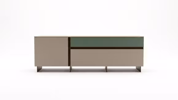 Comoda TV Fango Liscio/Garda Liscio 180 cm, cu doua sertare, compartiment cu usa si finisaje Mat Fango + Mat Garda.