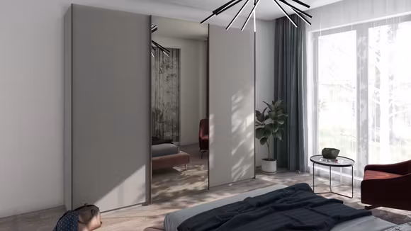 Dressing Four cu uși glisante în finisaj Fango Opaco și Noce Dark, oglindă Bronze și interior Lino.