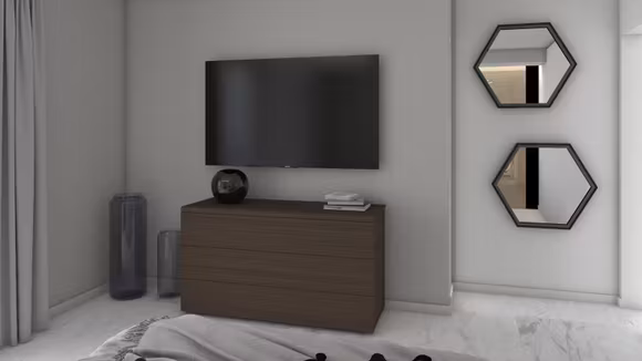 Comoda Cooper Rovere Cognac moderna cu 3 sertare, finisaj lemn, dimensiuni 145.6x51.8x80.3 cm