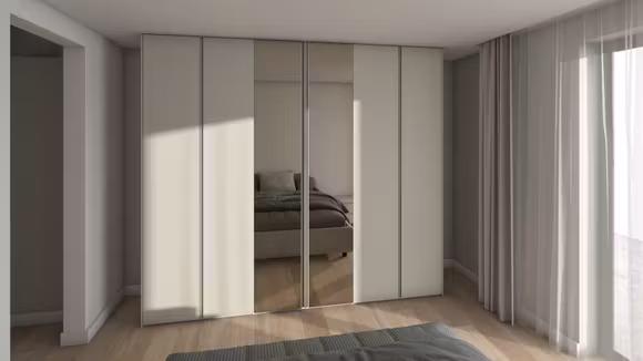 Dressing Uno + Murano batant cu oglinda Bronzo, maner R1 Creta Opaco si interior Lino pentru dormitor modern.
