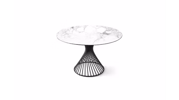 Masa Vortex Matt Black/White Marble 120 cm, cu forma rotunda, blat ceramic si baza centrala metalica elicoidala.