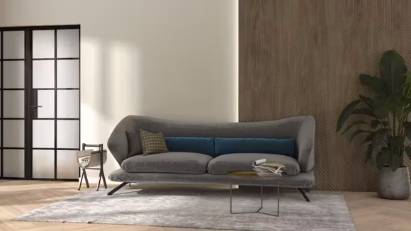 Canapea Hug Liniara Velvet Grey, cu linii fluide, brate rotunde si tapiterie catifelata gri.