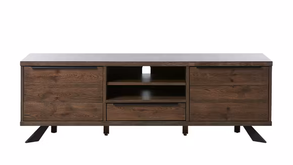 Comoda TV Arno Smoked Oak, produs expus, cu furnir de stejar si picioare din metal negru.