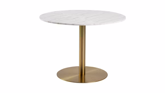 Masa Corby White/Gold 105 cm, produs expus, cu blat din marmura alba lustruita si baza metalica aurie.