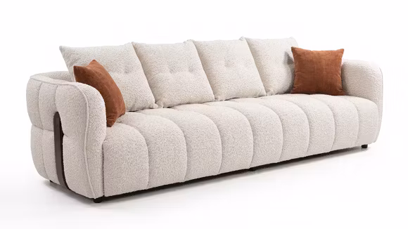 Canapea liniara 4 locuri Audrey textil Light Beige, cu tapiterie TES. V17-5B, cusaturi decorative si dimensiuni 270 x 99 x 86 cm.
