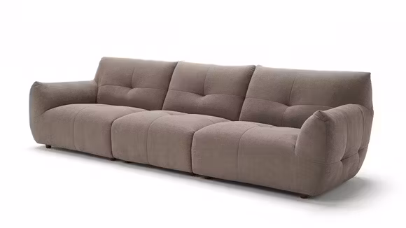 Canapea liniara 4 locuri Greta textil Bej, cu tapiterie TES. G1223-4, forme rotunjite si dimensiuni 310 x 105 x 83,5 cm.