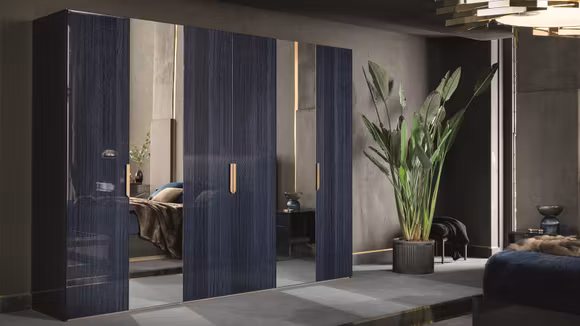 Dressing Oceanum cu 6 usi si oglinda, finisaj lucios albastru, mobilier modern dormitor lux