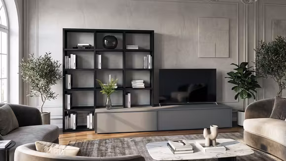 Biblioteca Atlante AT205 Arena + Rovere Carbone + Intreccio Chiaro, cu 13 compartimente si design modern.