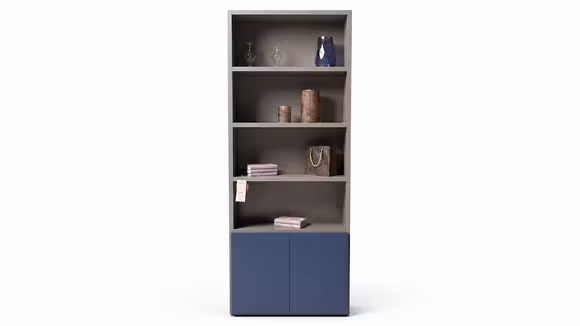 Biblioteca Novamobili Quarzo Seta + Blue Notte Matt, produs expus, cu design modern si finisaje elegante.