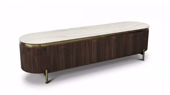 Comoda TV Ruiz cu top din ceramica KL-359, structura Walnut Veneer si detalii Titanium Gold, cu design elegant pentru living sau dining.