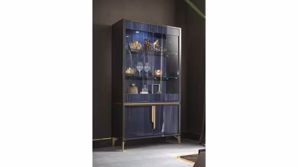 Cabinet Oceanum cu sticla si finisaj lucios albastru, vitrina moderna pentru living sau dining