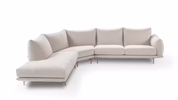 Canapea de colt Dragees stanga tapitata Boucle Beige, design modern cu picioare metalice Copper si cusaturi decorative