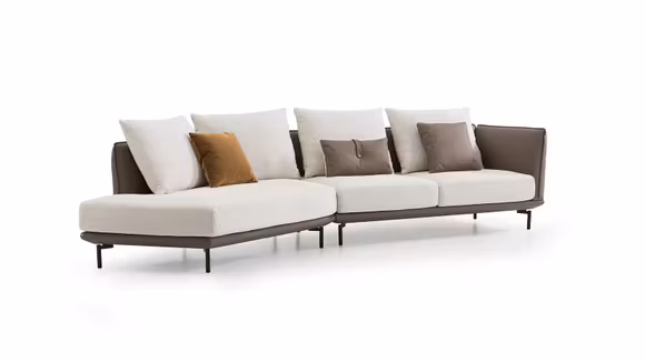 Canapea cu sezlong Garbo stanga tapitata in piele KDL bej inchis si textil gri/grej, design modern.