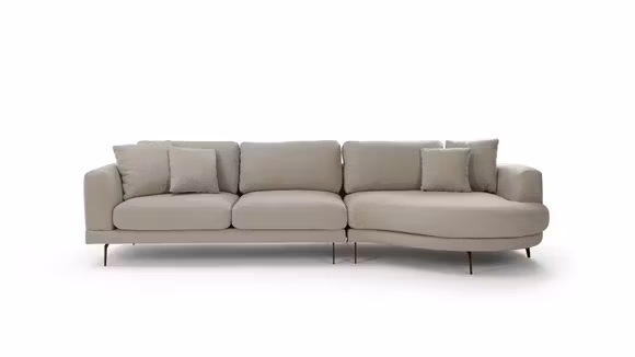 Canapea de colt cu sezlong Carini Bouclee Beige, dreapta, cu linii rotunjite si tapiterie textila bouclee.