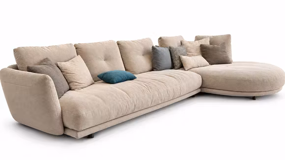 Canapea de colt Douglas textil Greige 370 cm, dreapta, produs expus, cu sezlong amplu si design modern