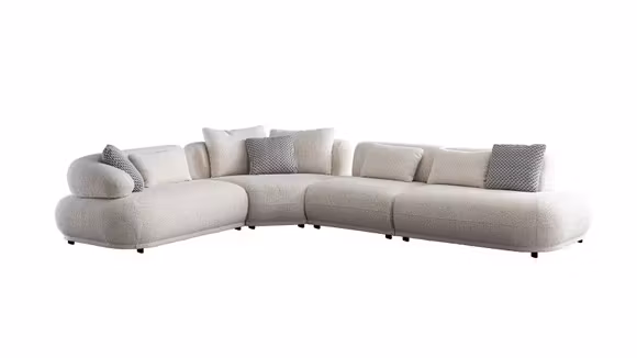 canapea de colt Hannah finisaj textil alb cu design modern si forme rotunjite
