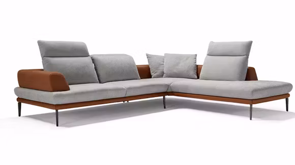 Canapea de colt Morfeo 3 locuri + divan stanga, textil Armonia Gri + baza piele Texas Maro