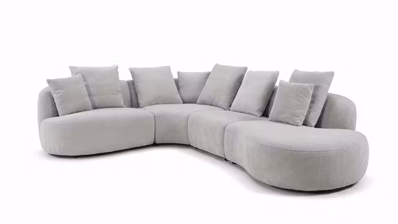 Canapea cu sezlong Layton textil Light Grey, dreapta, cu forme rotunjite, sezut adanc si perne incluse.