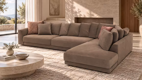 Canapea Samba Night coltar dreapta cu divan Paris Taupe, produs expus, cu design elegant si tapiterie rafinata.