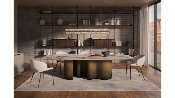 Masa dining moderna Papel cu blat ceramica Corcovado si cadru Oxybrass