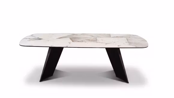 Masa extensibila Diagonal cu top din ceramica KL-359, structura Walnut Veneer si detalii Titanium Bronze, pentru dining modern.