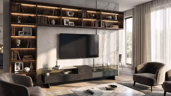 Comoda TV Porticello moderna, finisaje Canvas, Marna, Rovere Moka si Vetro Bronzo, pentru living elegant