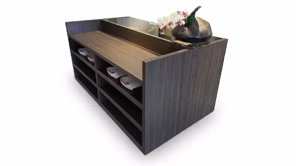 Comoda Stoccolma 3 sertare Piombo Opaco + Carrara Nobilitato, cu colturi rotunjite si sistem push to open.