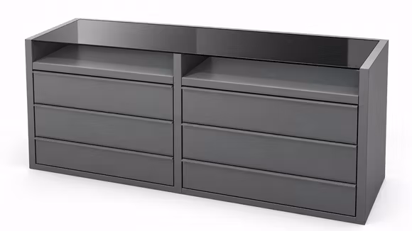 Comoda Dressing 6 sertare Piombo Opaco + Fume Vetro, produs expus, cu blat din sticla fumurie.