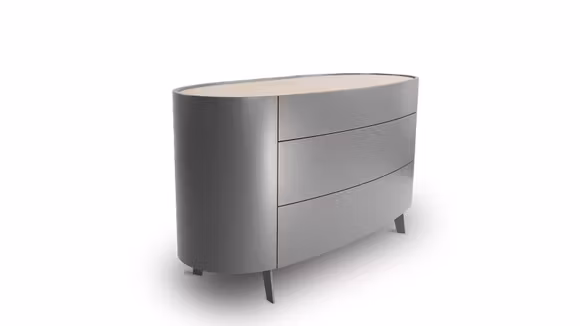 Comoda Stoccolma Piombo Opaco cu top Michelangelo Nobilitato, 3 sertare push to open si design modern cu colturi rotunjite.