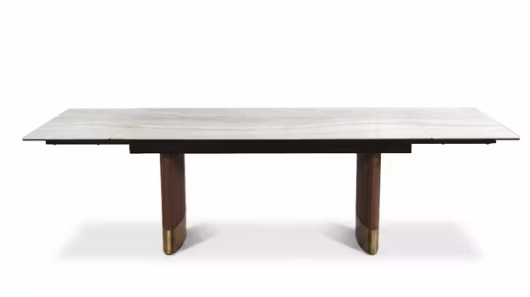 Masa extensibila Diagonal cu top din ceramica KL-359, structura Walnut Veneer si detalii Titanium Bronze, pentru dining modern.