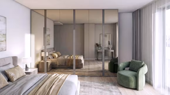 Dressing Murano batant cu oglinda Bronzo, maner R1 Fango Opaco si interior Lino pentru dormitor modern.