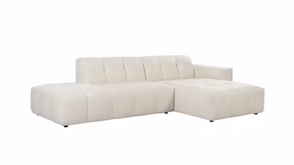 Canapea de colt cu sezlong Chess Dolce Cream, varianta dreapta, tapitata in material textil cream, cu design minimalist pentru living.