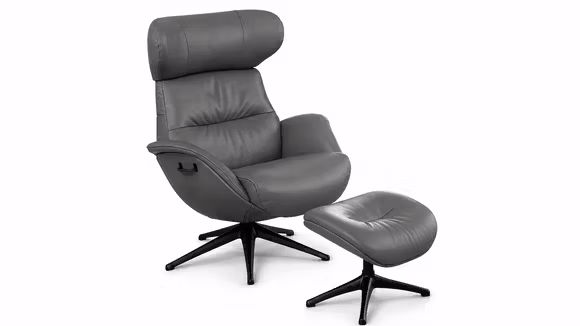 Fotoliu rotativ + pouf More piele Omaha Slate Grey, produs expus, cu design modern si elegant.