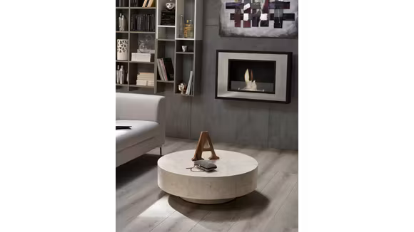 Masuta rotunda Round 1 cu baza din White Agate Fossil Stone, design modern minimalist Ø85 cm