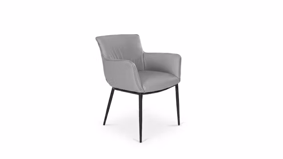 Scaun Georgia cu brate, tapitat in piele naturala Linea Grey, cu picioare metalice negre si design elegant pentru dining.